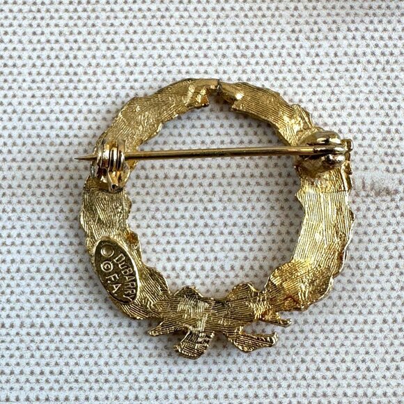 Vintage Gold-Tone Leaf & Bow Wreath Brooch Signed DuBarry F.A. 1940-1960, 1" - Picture 5 of 10